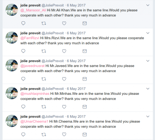 Figure 2: Screenshot of the persona “Jolie Prevoit” reaching out to real individuals on Twitter (ex. @_Mansoor_Ali, @FarriRizvi, @Javeednusrat, @UmarCheema1 above are all well-known Pakistani journalists)