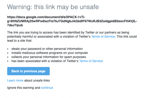 Figure 4: The warning shown before viewing Todaro and Rigano's Google doc if accessed from Twitter. Credit: TaSC.