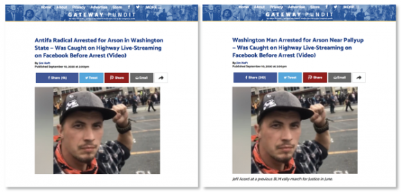 Figure 4: Gateway Pundit edits headline of article to remove misleading statement about Antifa. Source: Gateway Pundit, Sept 10, 2020