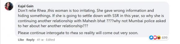 Figure 1 : Fan of Rajput reacts on Facebook to the news of Chakraborty’s interrogation by the Mumbai Police. Credit: Screenshot by TaSC. 