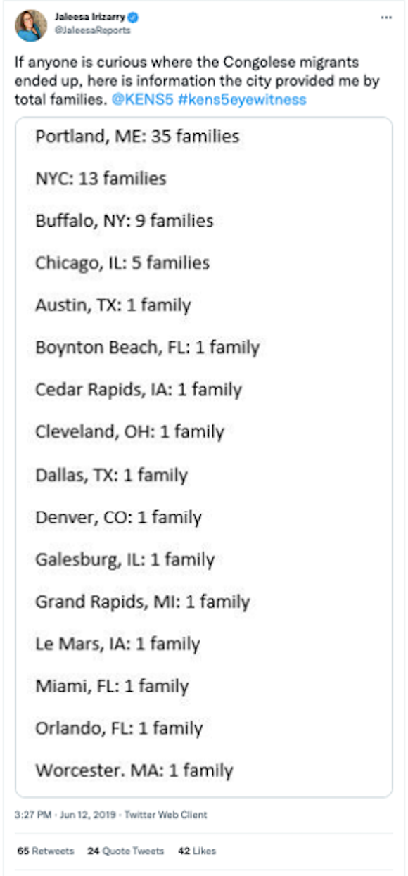 A screenshot of a tweet by @JaleesaReports that reads: "If anyone is curious where the Congolese migrants ended up, here is information the city provided me by total families. @KENs%A #ken5eyewitness."