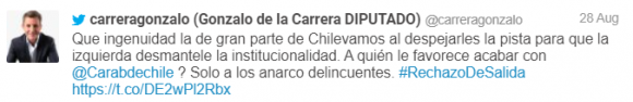 Figure 17. A tweet by @carreragonzalo reads “Que ingenuidad la de gran parte de Chilevamos al despejarles la pista para que la izquierda desmantele la institucionalidad. A quién le favorece acabar con @Carabdechile ? Solo a los anarco delincuentes. #RechazoDeSalida,”Archived on Perma.cc, https://perma.cc/227R-MVJ3. Credit: Patricio Durán and Tomás Lawrence.