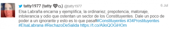 Figure 19: A tweet by @tatty1977 reads “Elsa Labraña encarna y ejemplifica, la ordinariez, prepotencia, matonaje, intolerancia y odio que ostentan un sector de los Constituyentes. Dale un poco de poder a un ignorante y esto es lo que pasa #Constituyentes #34Prostituyentes #ElsaLabrana #RechazoDeSalida,” Archived on Perma.cc, https://perma.cc/MU4A-B9LF. Credit: Patricio Durán and Tomás Lawrence.