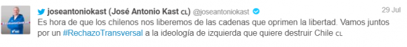 Figure 5.  Tweet from Chilean presidential candidate José Antonio Kasreading, “It’s time for Chileans to liberate ourselves from the chains that oppress liberty. Together let’s go for a #RechazoTransversal (“crosscutting rejection”) of the leftist ideology that wants to destroy Chile,” archived on Perma.cc, https://perma.cc/QL4Q-MGCW. Credit: Patricio Durán and Tomás Lawrence. 