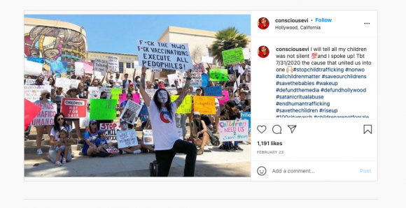 Figure 12. An Instagram post showing Scotty “The Kid” Rojas at the Save The Children March in Hollywood on July 31, 2020. Archived on Perma.cc, https://perma.cc/2Z6B-RUQ4. Credit: TaSC.